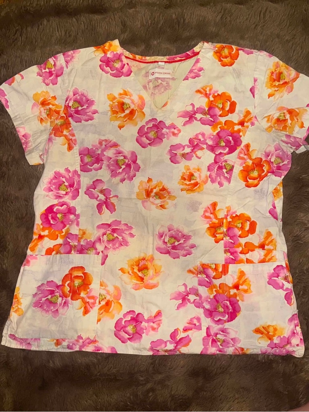 Pink & Orange Floral V-Neck Women's Nursing Scrub Top - White Background